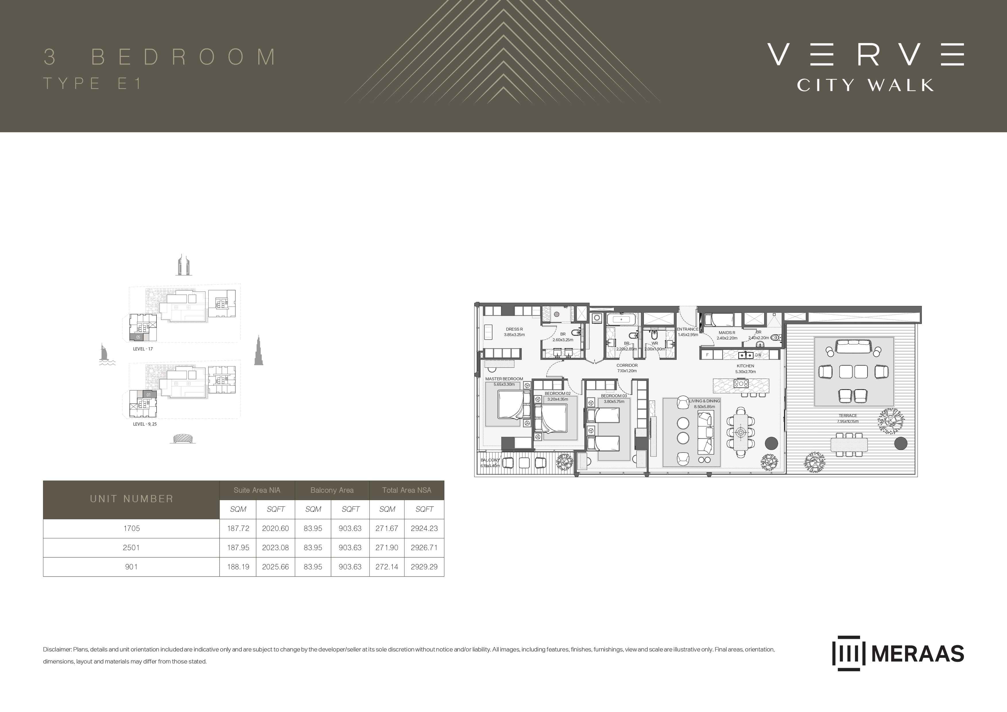 Verve City Walk - Tower A, 3-Bed Floor Plan, type: Tower A - 3BR - E1