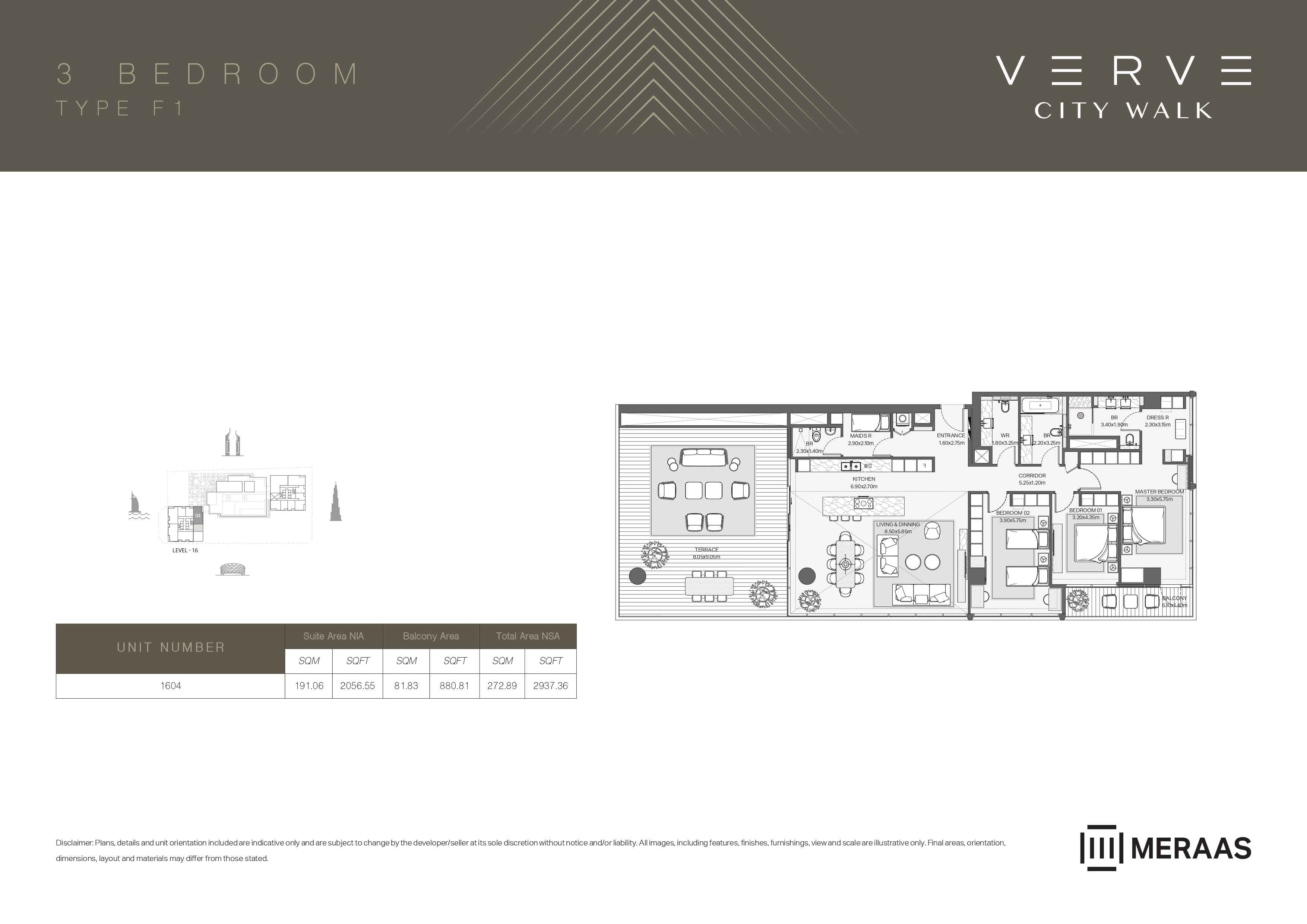Verve City Walk - Tower A, 3-Bed Floor Plan, type: Tower A - 3BR - F1