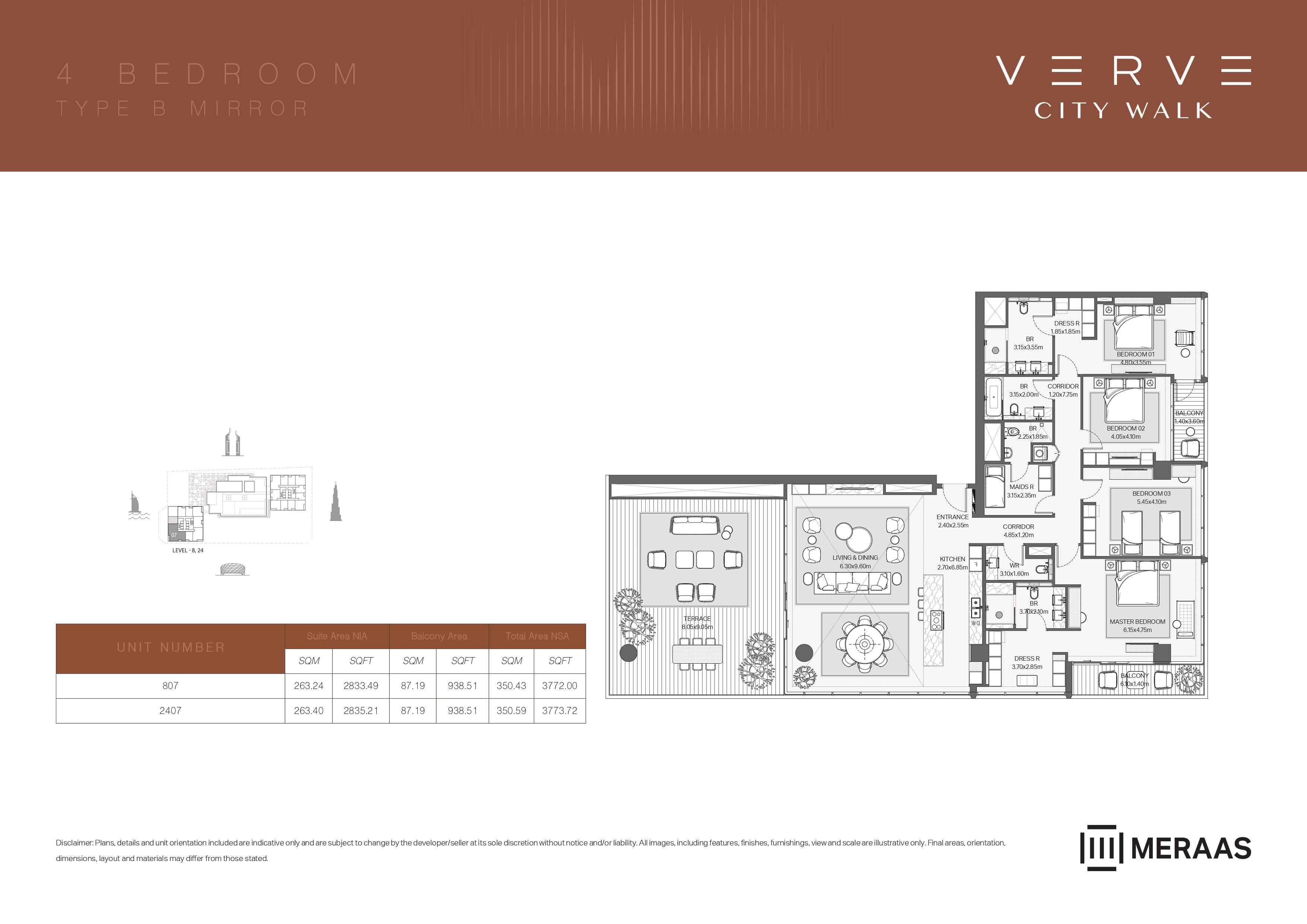 Verve City Walk - Tower A, 4-Bed Floor Plan, type: Tower A - 4BR - B MIRROR