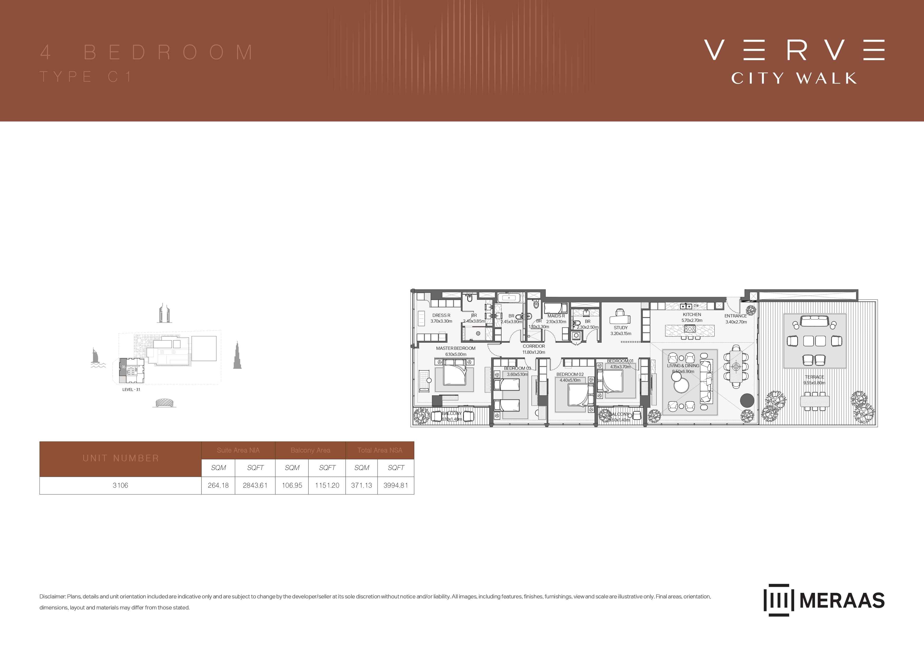 Verve City Walk - Tower A, 4-Bed Floor Plan, type: Tower A - 4BR - C1