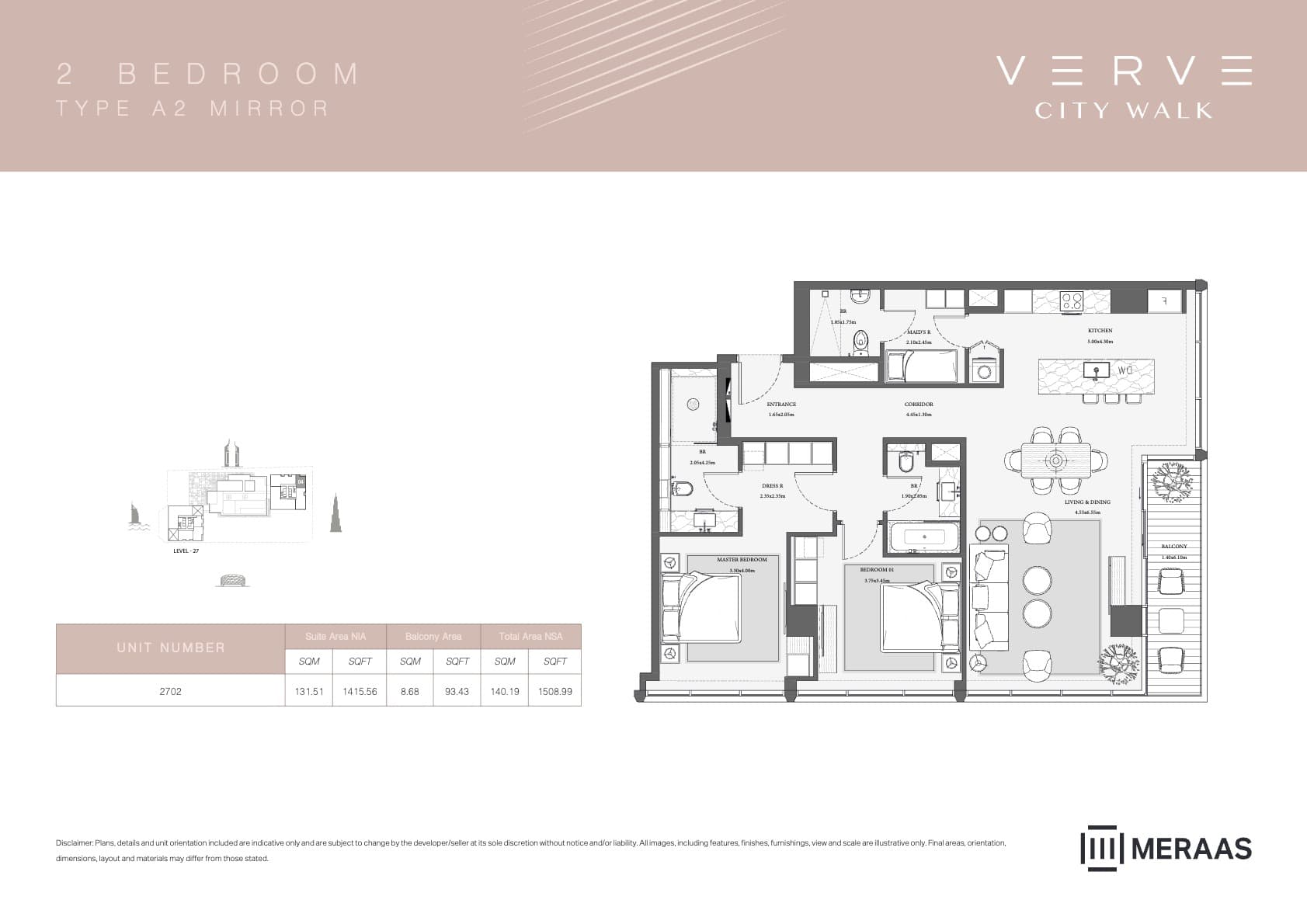 Verve City Walk - Tower A, 2-Bed Floor Plan, type: Tower B - 2BR - A2 MIRROR