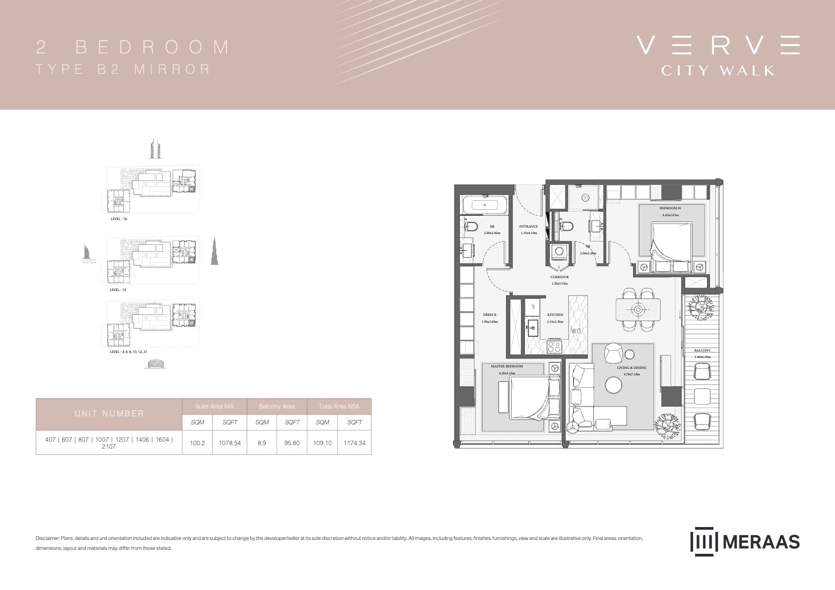 Verve City Walk - Tower A, 2-Bed Floor Plan, type: Tower B - 2BR - B2 MIRROR