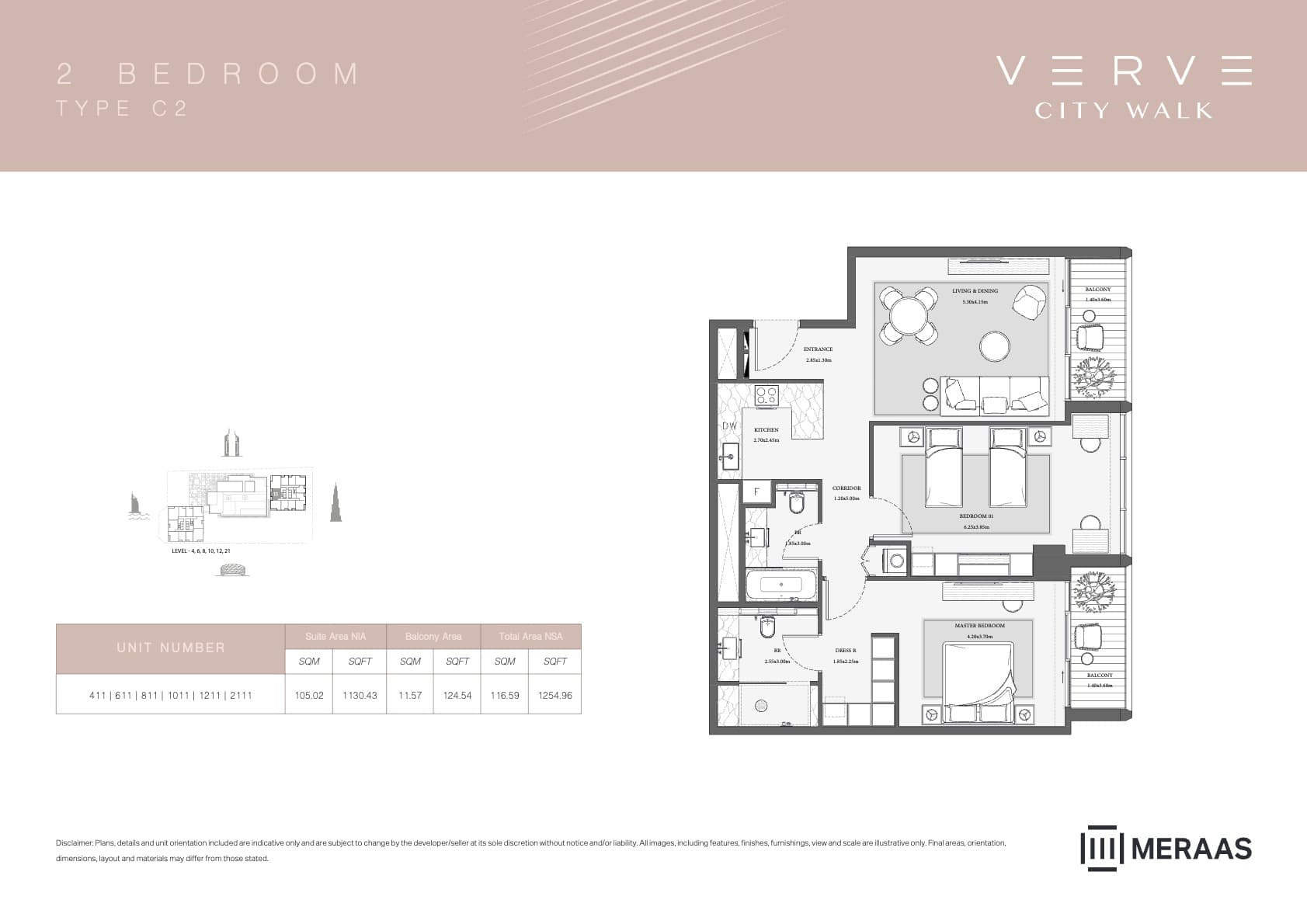 Verve City Walk - Tower A, 2-Bed Floor Plan, type: Tower B - 2BR - C2