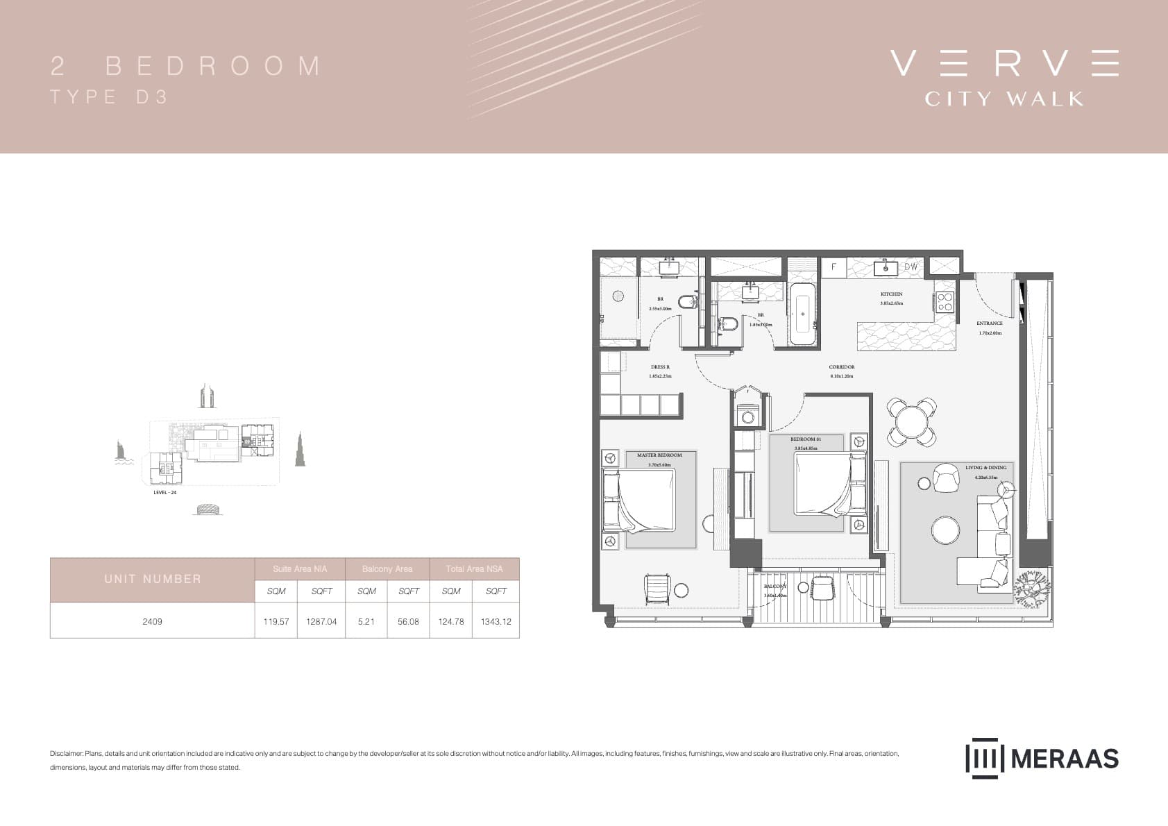 Verve City Walk - Tower A, 2-Bed Floor Plan, type: Tower B - 2BR - D3