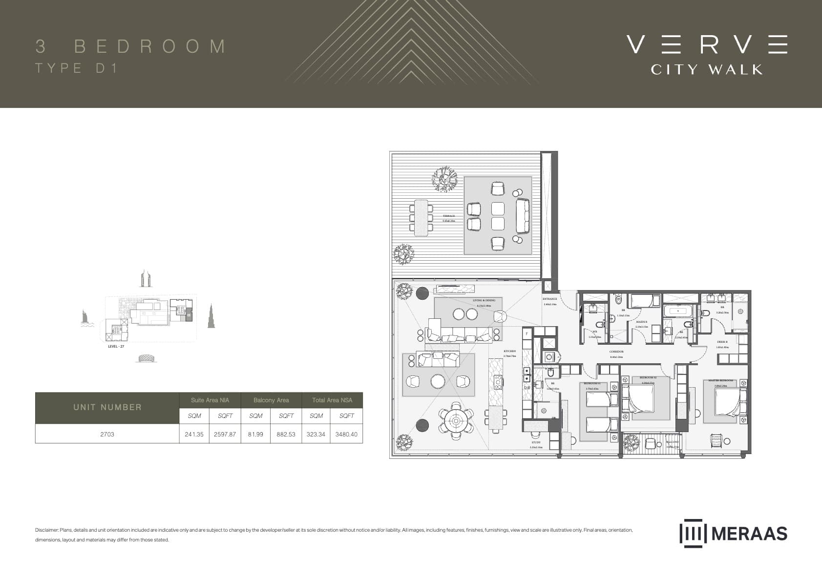 Verve City Walk - Tower A, 3-Bed Floor Plan, type: Tower B - 3BR - D1
