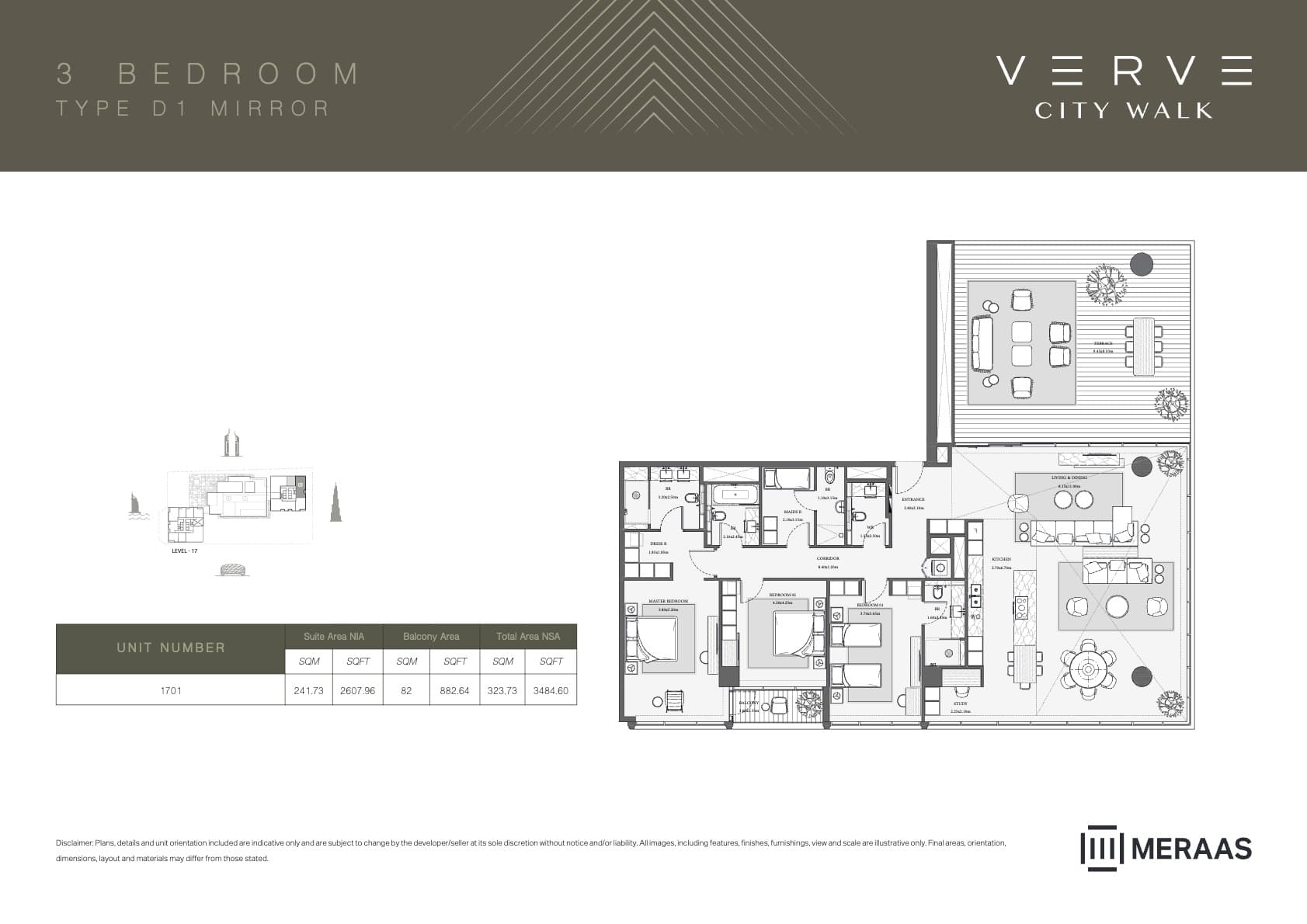 Verve City Walk - Tower A, 3-Bed Floor Plan, type: Tower B - 3BR - D1 MIRROR