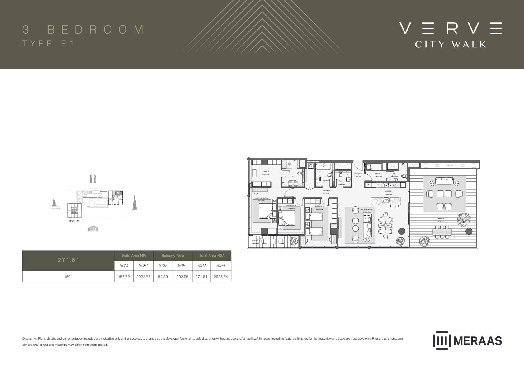 Verve City Walk - Tower A, 3-Bed Floor Plan, type: Tower B - 3BR - E1