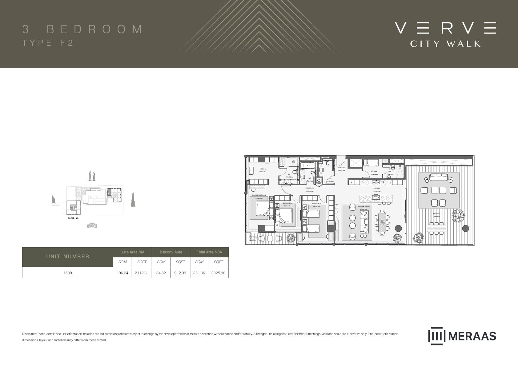 Verve City Walk - Tower A, 3-Bed Floor Plan, type: Tower B - 3BR - F2