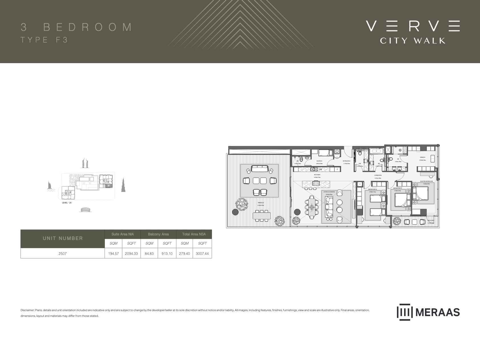 Verve City Walk - Tower A, 3-Bed Floor Plan, type: Tower B - 3BR - F3