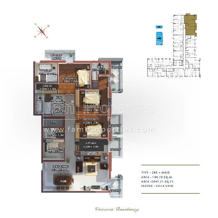 Victoria Residency, 3-Bed Floor Plan, type: 3 Bedroom