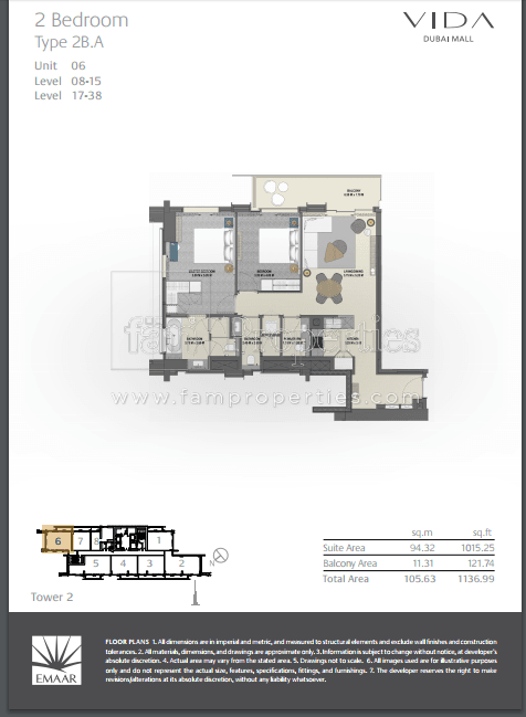 Vida Dubai Mall Tower 2, 2-Bed Floor Plan, type: 2 Bedroom