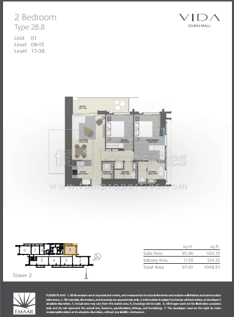 Vida Dubai Mall Tower 2, 2-Bed Floor Plan, type: 2 Bedroom