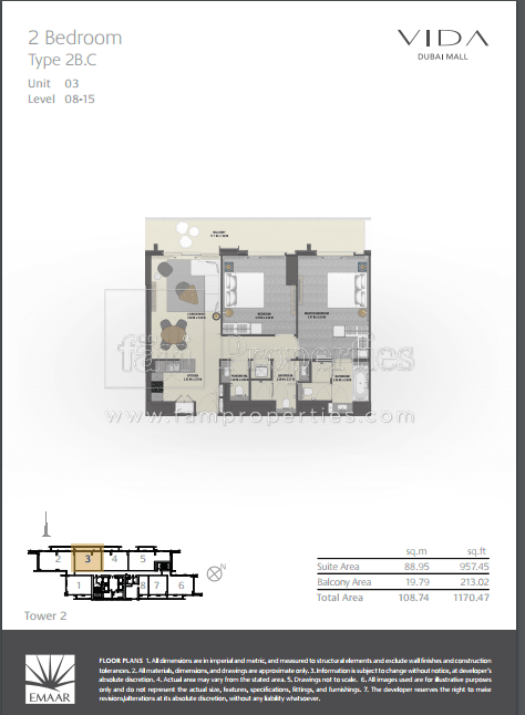 Vida Dubai Mall Tower 2, 2-Bed Floor Plan, type: 2 Bedroom