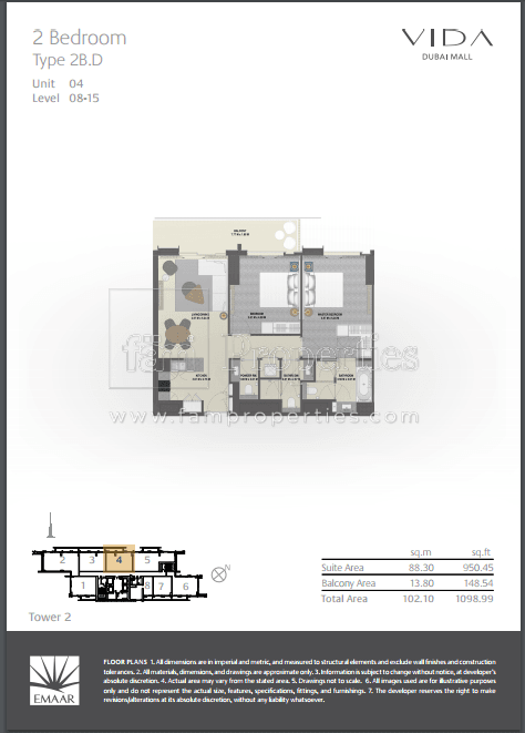 Vida Dubai Mall Tower 2, 2-Bed Floor Plan, type: 2 Bedroom