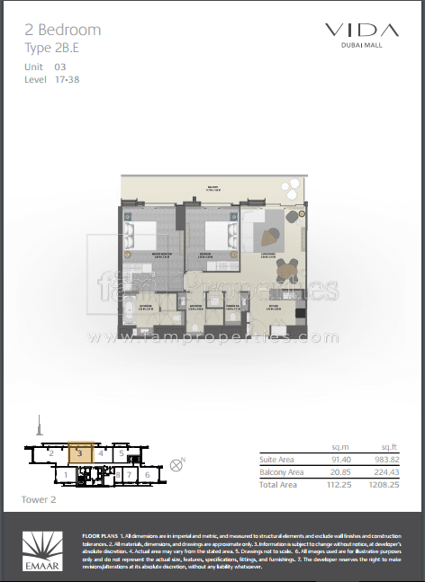 Vida Dubai Mall Tower 2, 2-Bed Floor Plan, type: 2 Bedroom