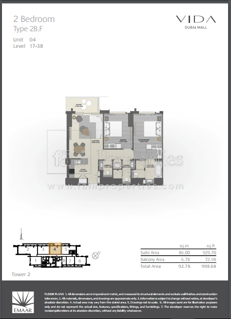 Vida Dubai Mall Tower 2, 2-Bed Floor Plan, type: 2 Bedroom