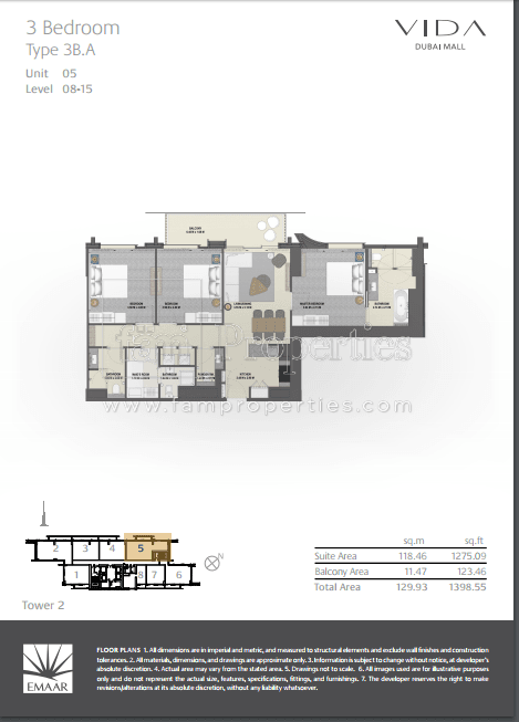 Vida Dubai Mall Tower 2, 3-Bed Floor Plan, type: 3 Bedroom