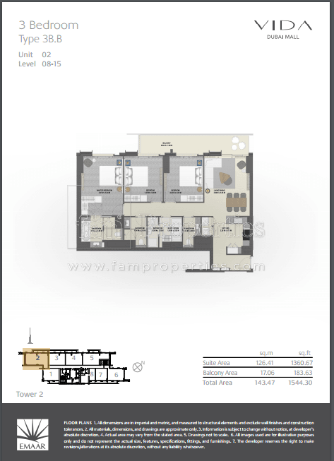 Vida Dubai Mall Tower 2, 3-Bed Floor Plan, type: 3 Bedroom
