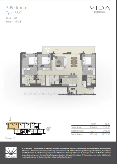 Vida Dubai Mall Tower 2, 3-Bed Floor Plan, type: 3 Bedroom