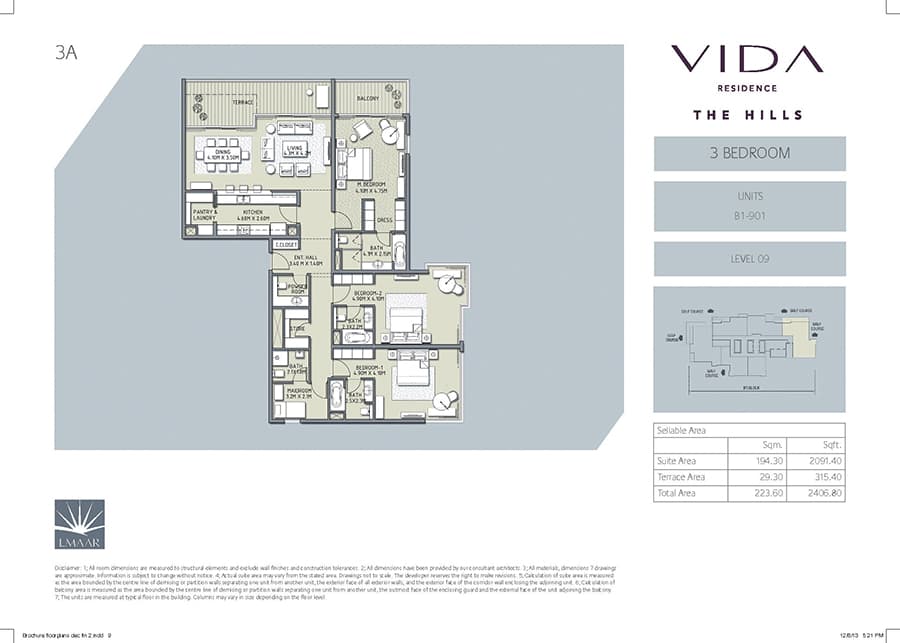Vida Residence The Hills A, 3-Bed Floor Plan, type: 3 Bedroom