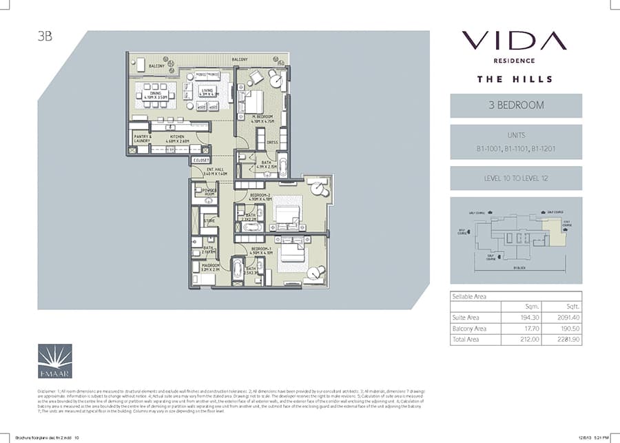 Vida Residence The Hills A, 3-Bed Floor Plan, type: 3 Bedroom