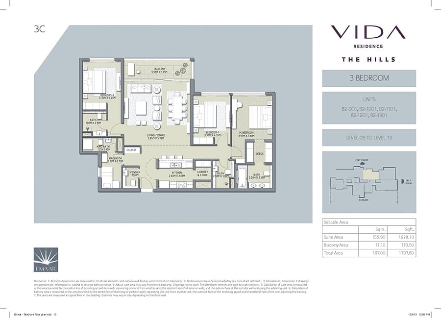 Vida Residence The Hills A, 3-Bed Floor Plan, type: 3 Bedroom
