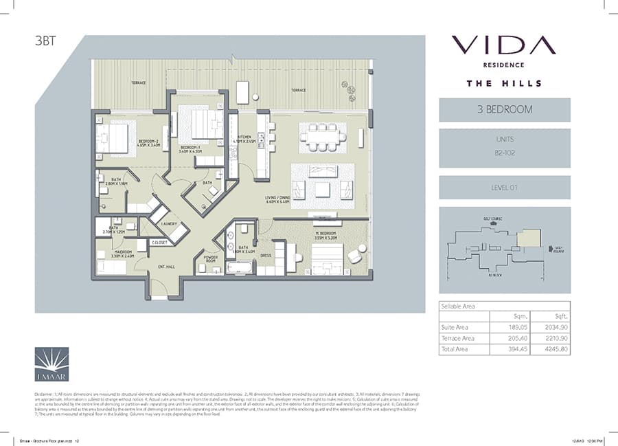 Vida Residence The Hills A, 3-Bed Floor Plan, type: 3 Bedroom
