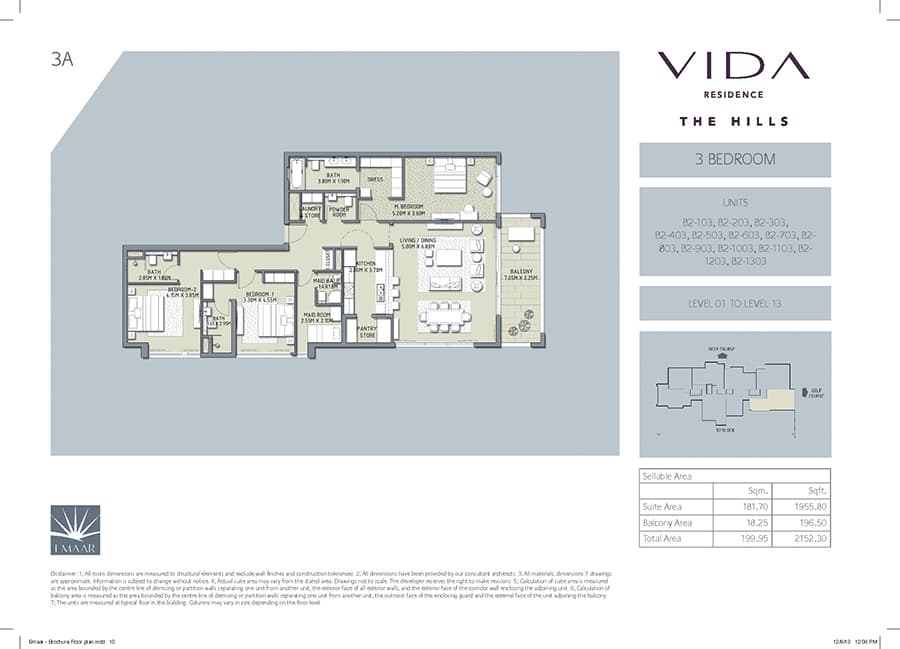 Vida Residence The Hills A, 3-Bed Floor Plan, type: 3 Bedroom
