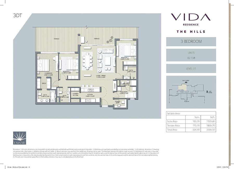 Vida Residence The Hills A, 3-Bed Floor Plan, type: 3 Bedroom