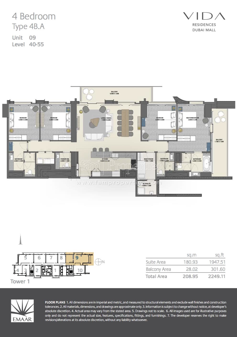 Vida Residences Dubai Mall (not in use), 4-Bed Floor Plan, type: 4 Bedroom