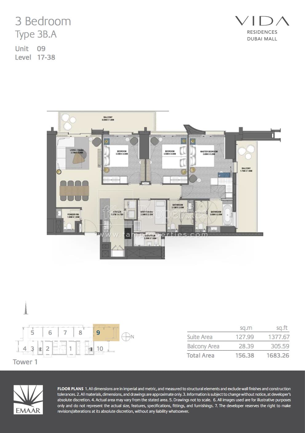 Vida Residences Dubai Mall (not in use), 3-Bed Floor Plan, type: 3 Bedroom