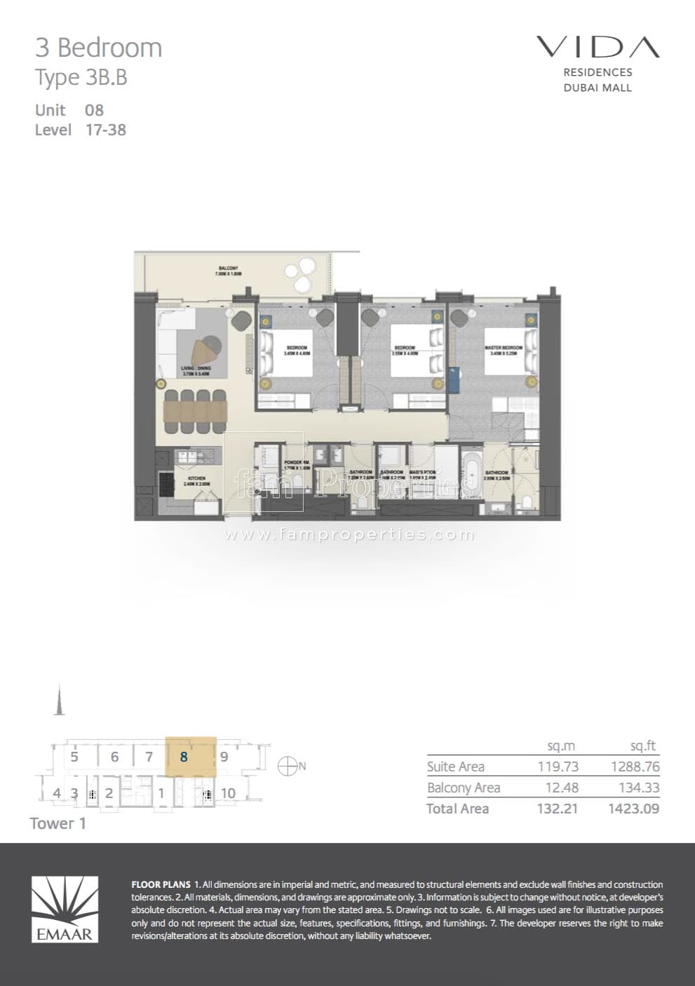 Vida Residences Dubai Mall (not in use), 3-Bed Floor Plan, type: 3 Bedroom