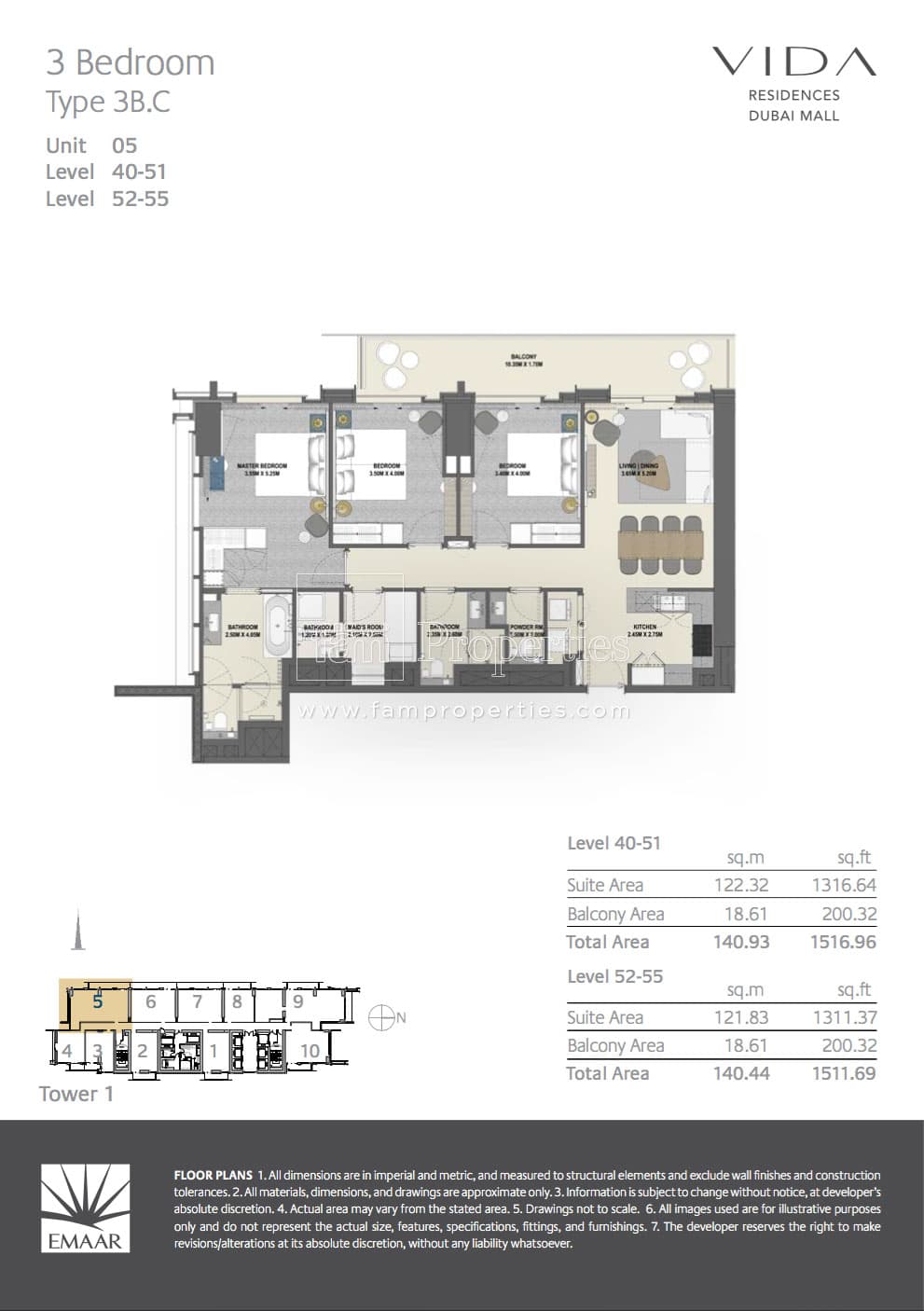 Vida Residences Dubai Mall (not in use), 3-Bed Floor Plan, type: 3 Bedroom