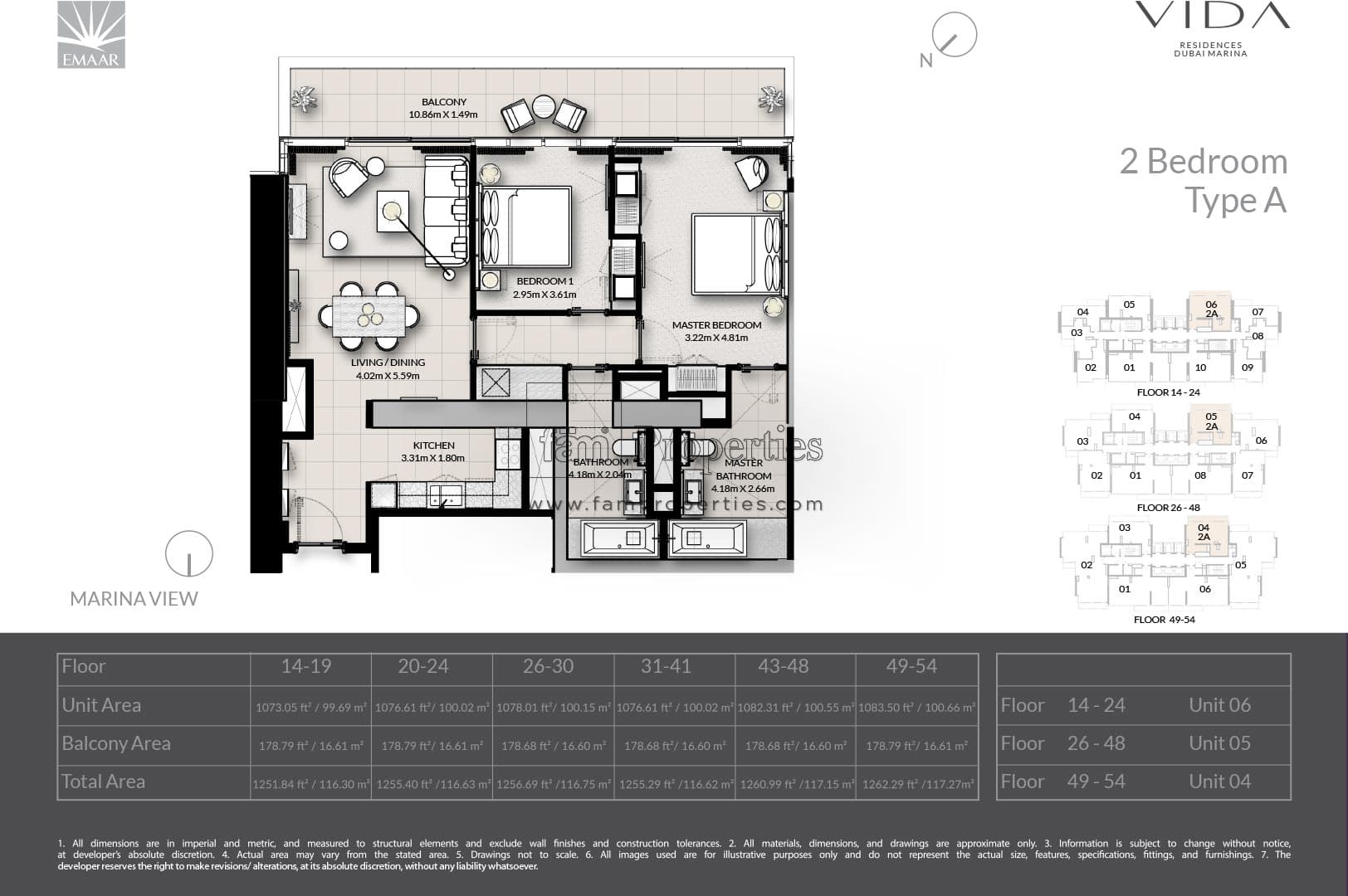 Vida Residences Dubai Marina, 2-Bed Floor Plan, type: 2 Bedroom - Type A