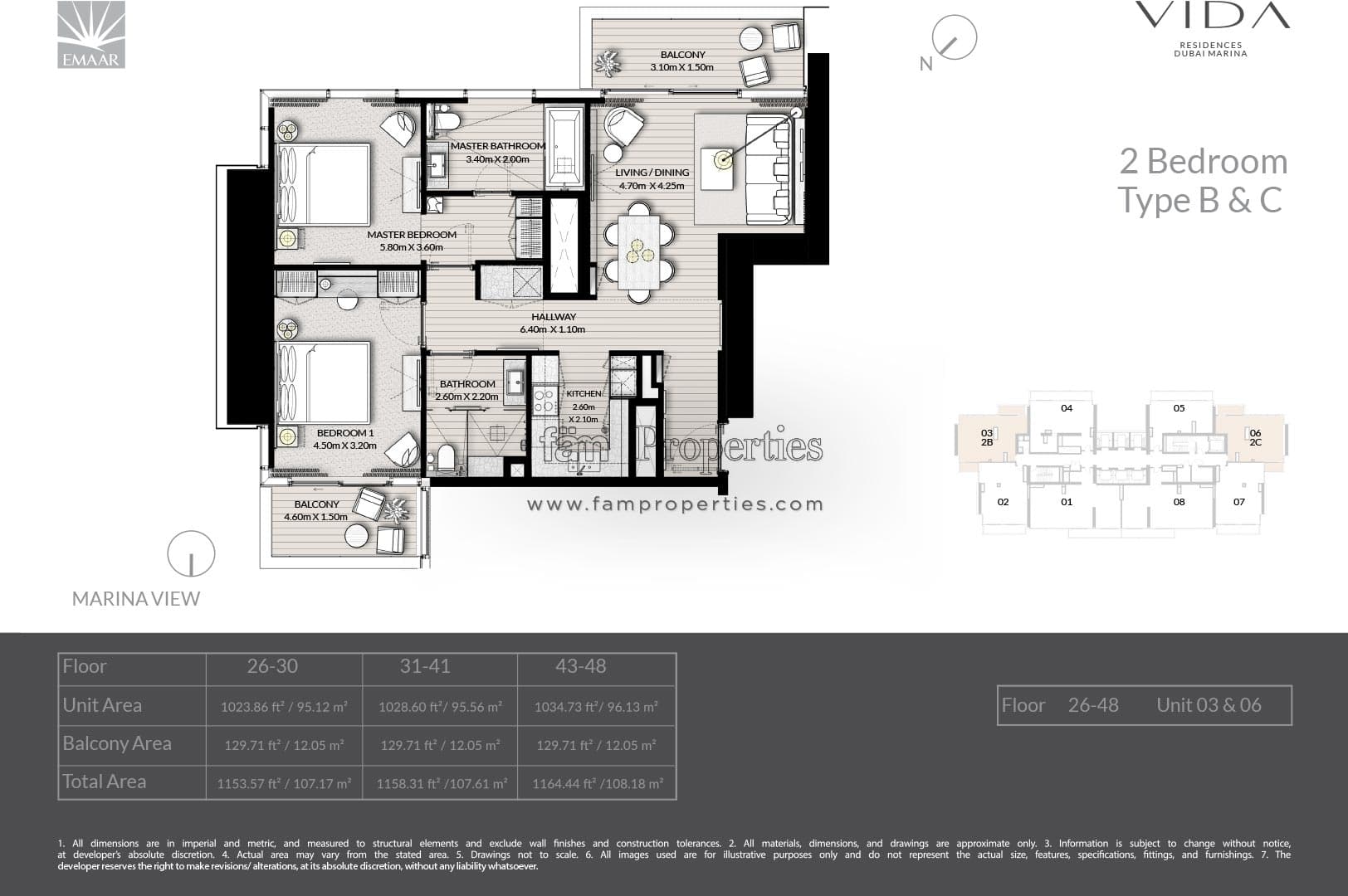 Vida Residences Dubai Marina, 2-Bed Floor Plan, type: 2 Bedroom - Type B & C