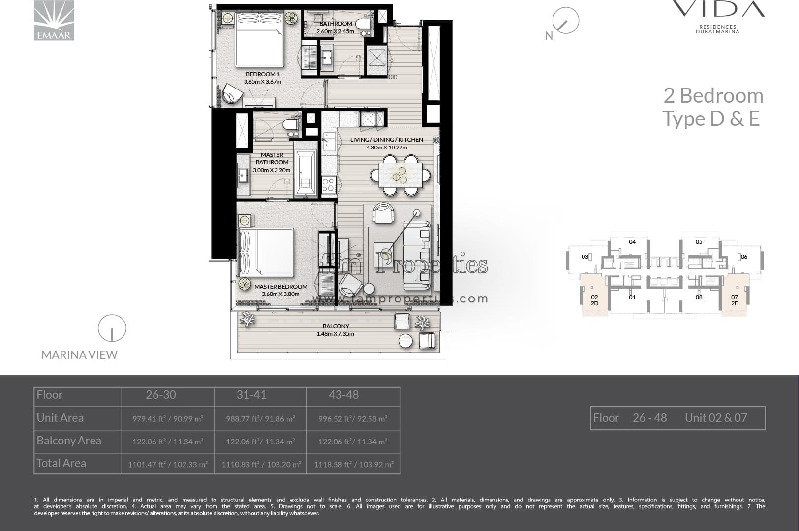 Vida Residences Dubai Marina, 2-Bed Floor Plan, type: 2 Bedroom - Type D & E