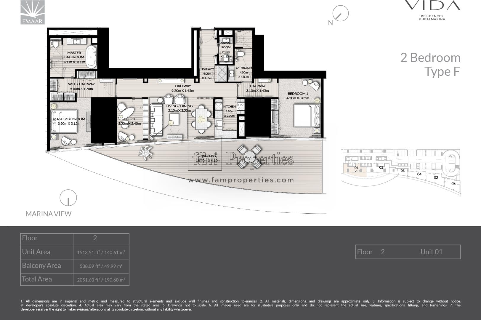 Vida Residences Dubai Marina, 2-Bed Floor Plan, type: 2 Bedroom - Type F