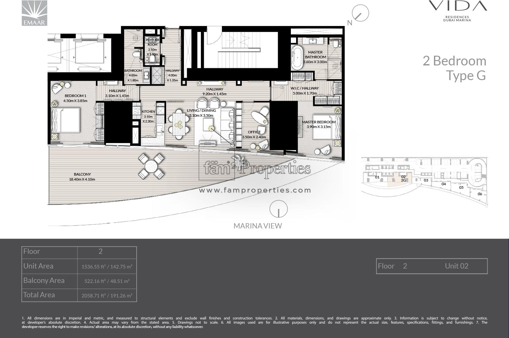 Vida Residences Dubai Marina, 2-Bed Floor Plan, type: 2 Bedroom - Type G