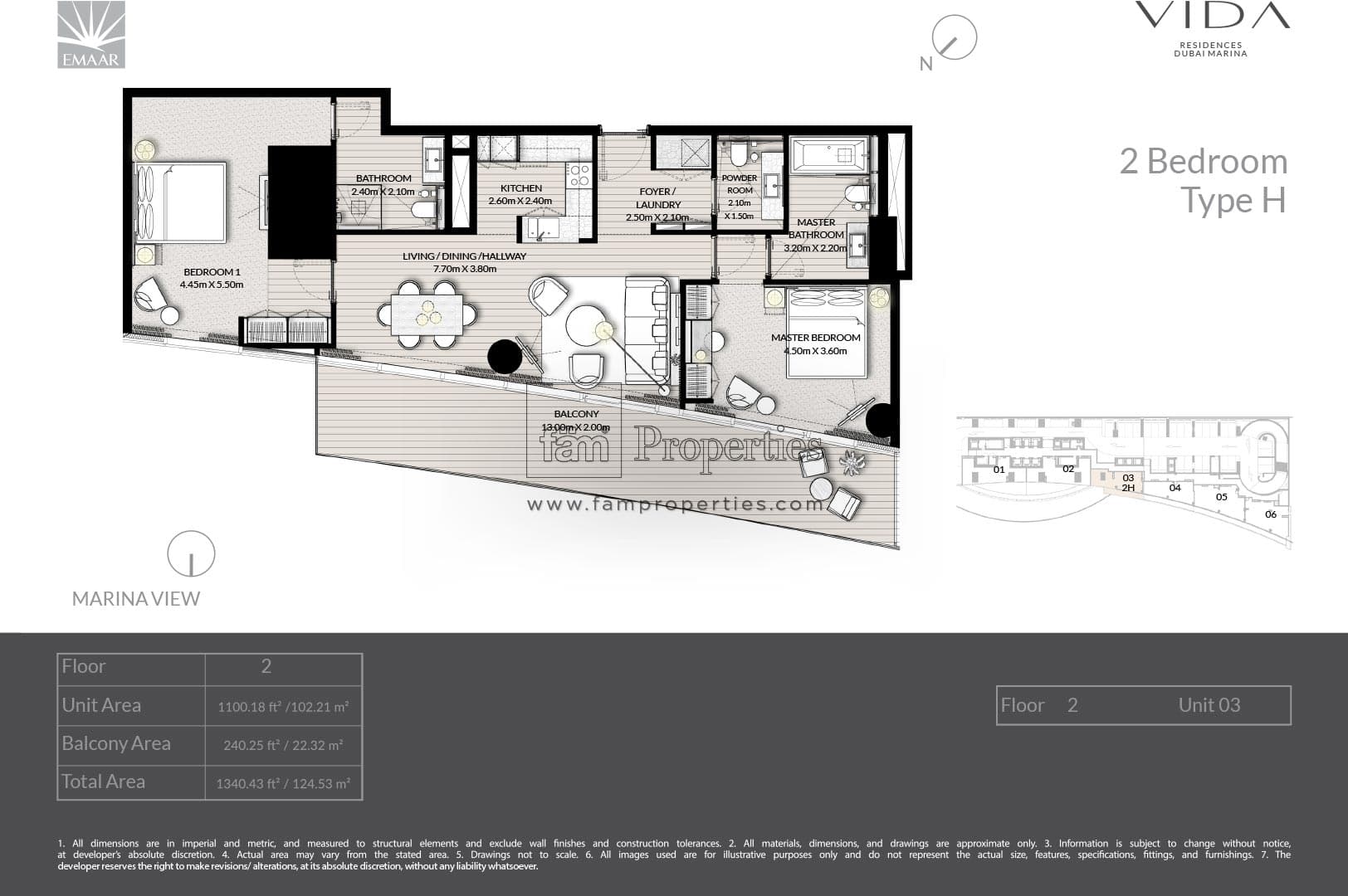 Vida Residences Dubai Marina, 2-Bed Floor Plan, type: 2 Bedroom - Type H