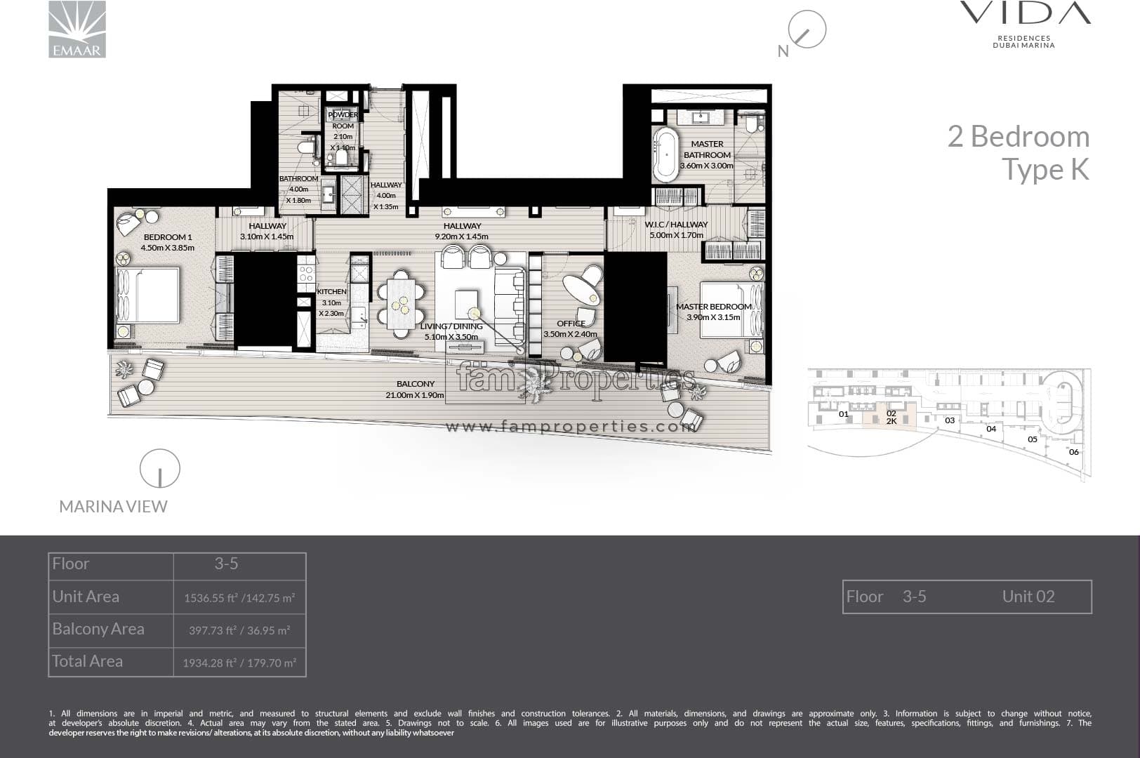 Vida Residences Dubai Marina, 2-Bed Floor Plan, type: 2 Bedroom - Type K