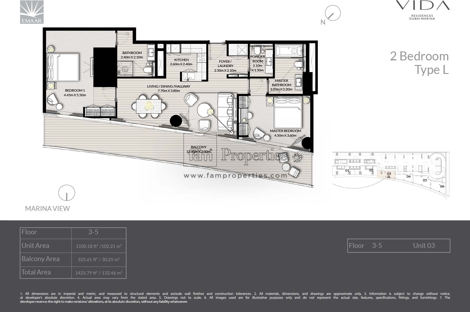 Vida Residences Dubai Marina, 2-Bed Floor Plan, type: 2 Bedroom - Type L