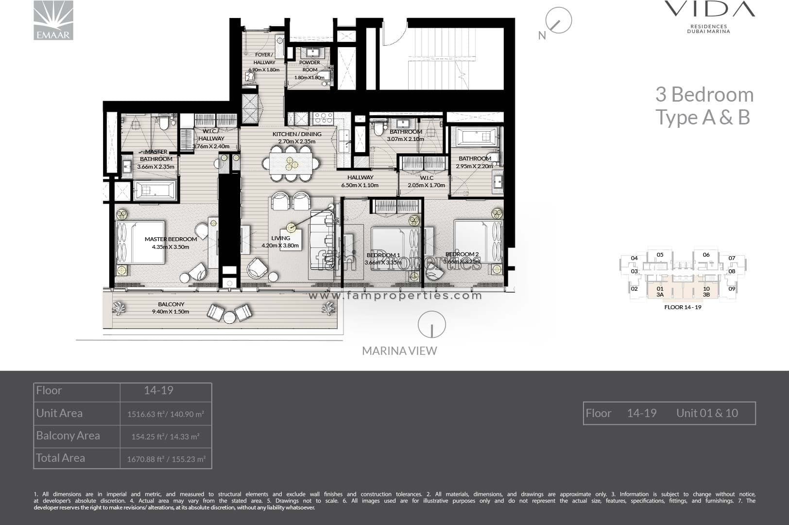 Vida Residences Dubai Marina, 3-Bed Floor Plan, type: 3 Bedroom - Type A & B