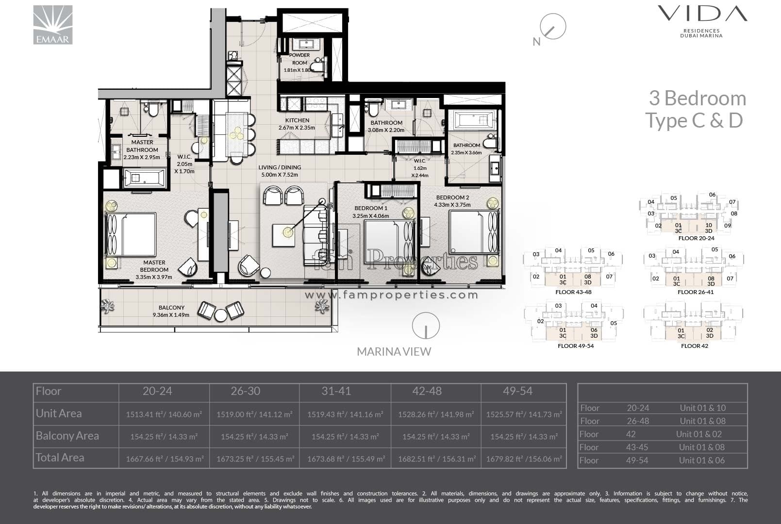 Vida Residences Dubai Marina, 3-Bed Floor Plan, type: 3 Bedroom - Type C & D