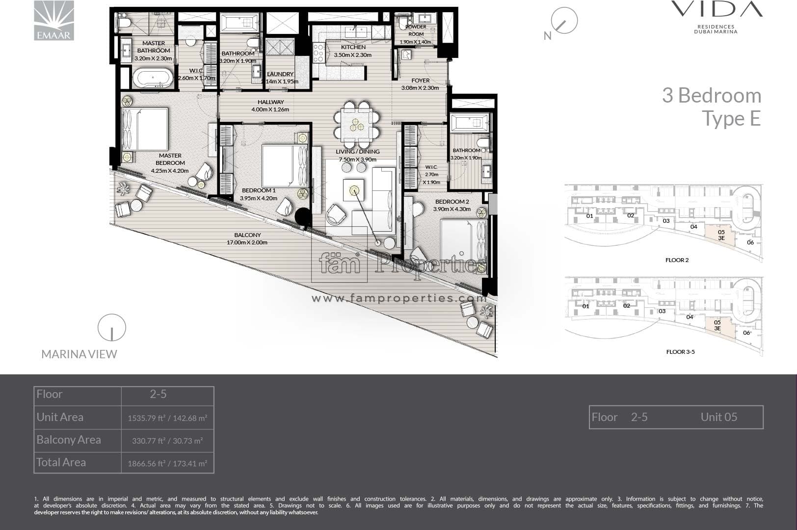 Vida Residences Dubai Marina, 3-Bed Floor Plan, type: 3 Bedroom - Type E