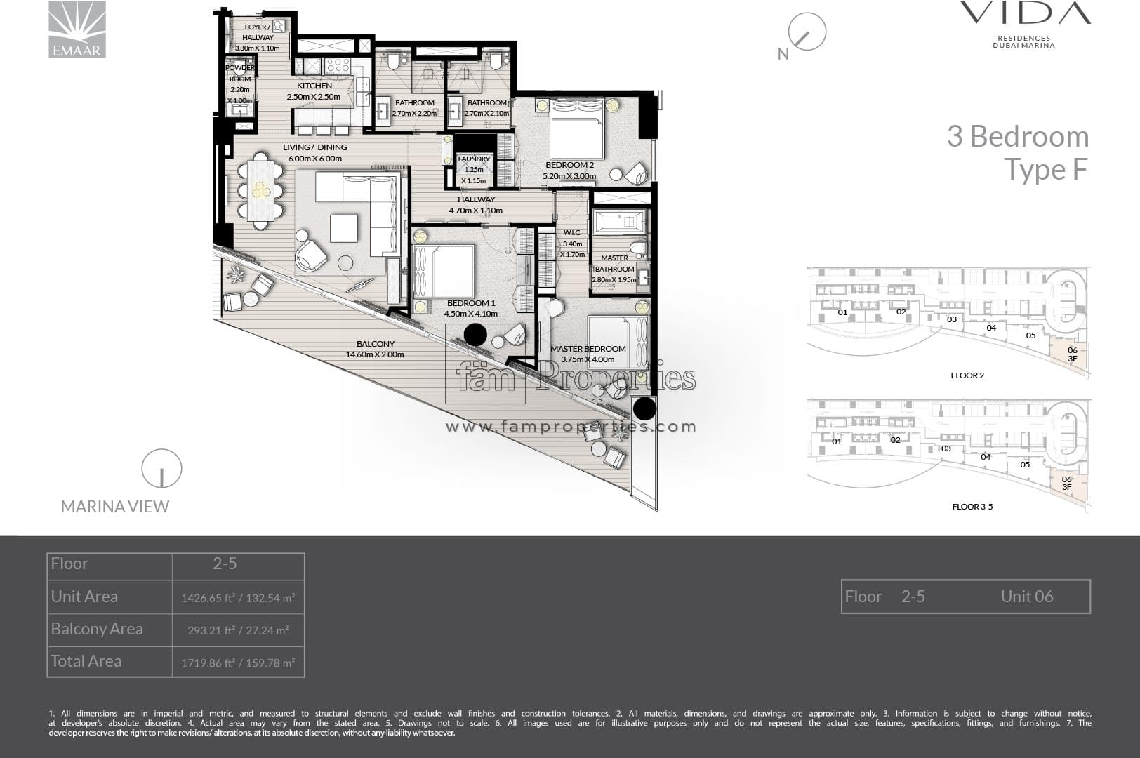 Vida Residences Dubai Marina, 3-Bed Floor Plan, type: 3 Bedroom - Type F