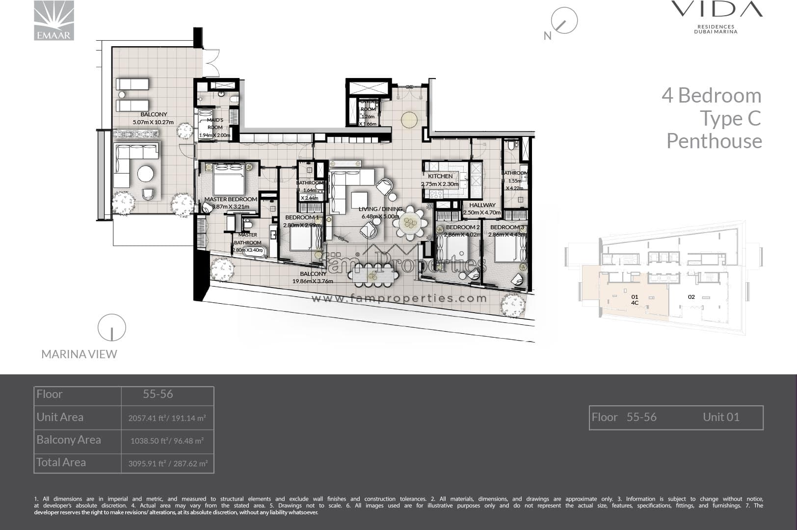 Vida Residences Dubai Marina, 4-Bed Floor Plan, type: 4 Bedroom - Type C