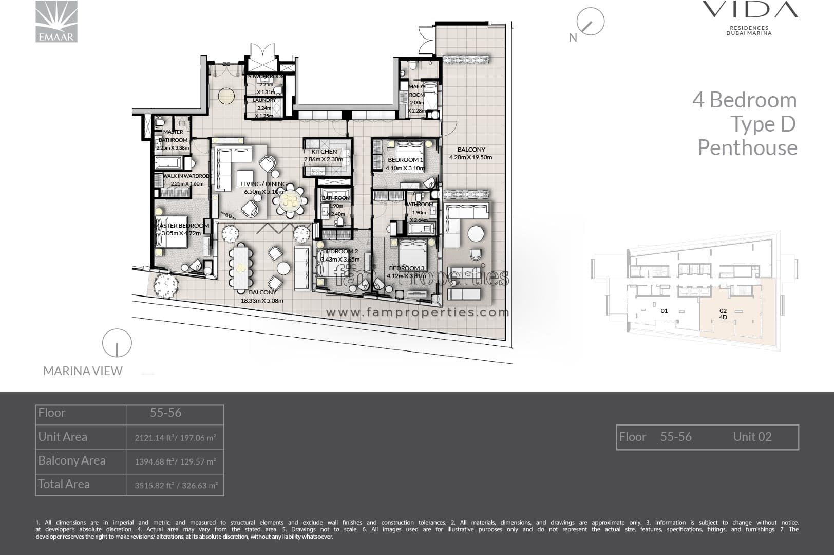 Vida Residences Dubai Marina, 4-Bed Floor Plan, type: 4 Bedroom - Type D