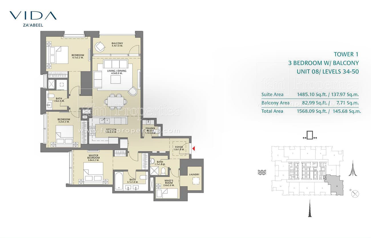 Vida Zaabeel, 3-Bed Floor Plan, type: 3 Bedroom