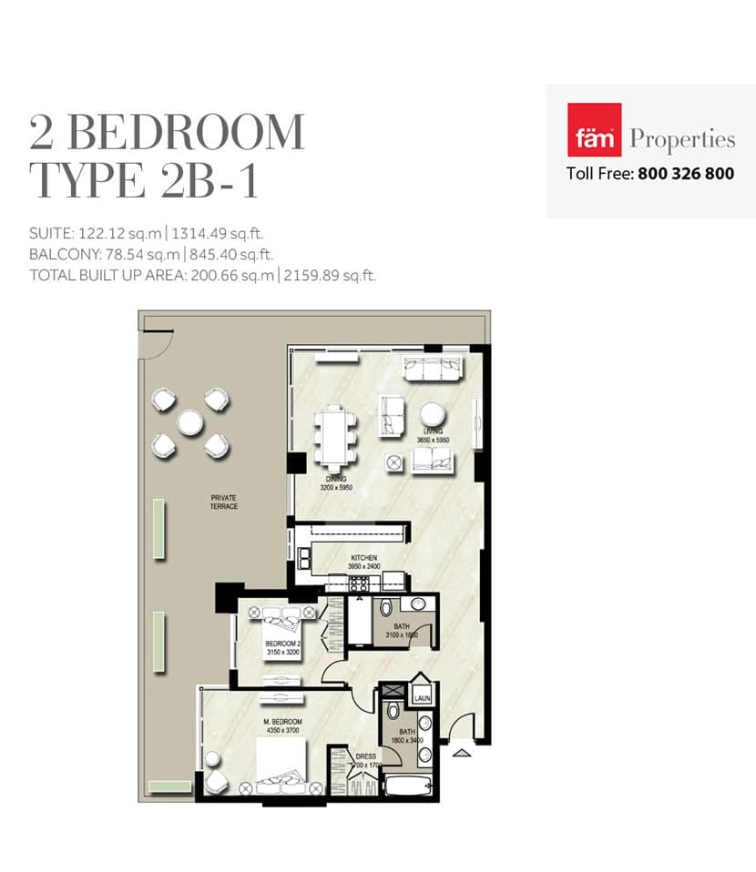 Warda Apartments 1A, 2-Bed Floor Plan, type: Type 2B-2