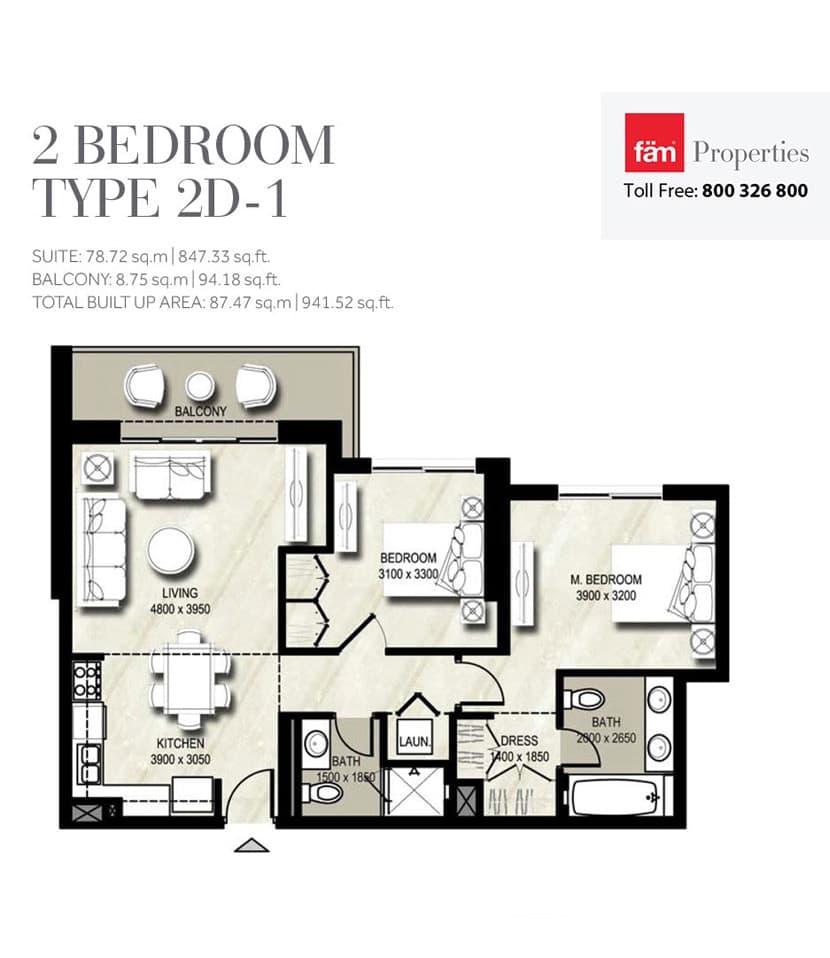 Warda Apartments 1A, 2-Bed Floor Plan, type: Type 2D-1